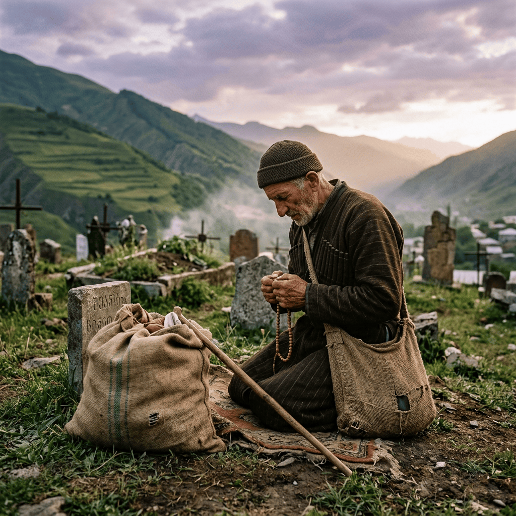Imagen actual: Elderly man kneeling and holding prayer beads in a rural mountain cemetery