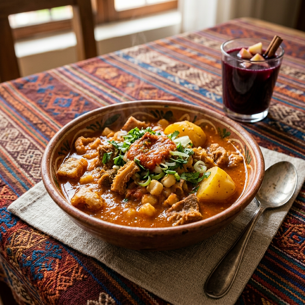 Imagen actual: Bowl of hearty stew with potatoes, beans, herbs, and salsa