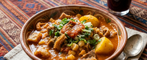Bowl of hearty stew with potatoes, beans, herbs, and salsa