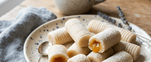 Plate of apricot-filled pastries dusted with powdered sugar with a cup of tea