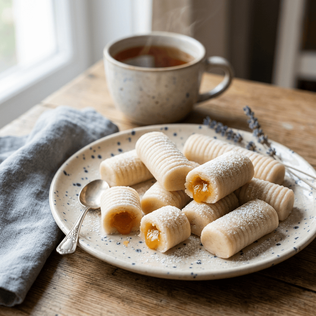 Imagen actual: Plate of apricot-filled pastries dusted with powdered sugar with a cup of tea