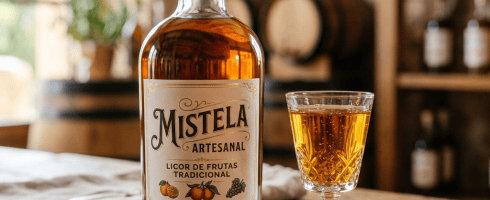 Bottle of Mistela Artesanal fruit liqueur and filled glass on wooden table