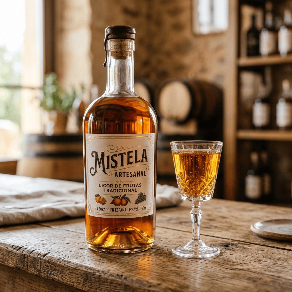 Imagen actual: Bottle of Mistela Artesanal fruit liqueur and filled glass on wooden table