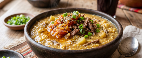 A bowl of thick soup with shredded meat, diced vegetables, and green onion garnish served on a rustic wooden table