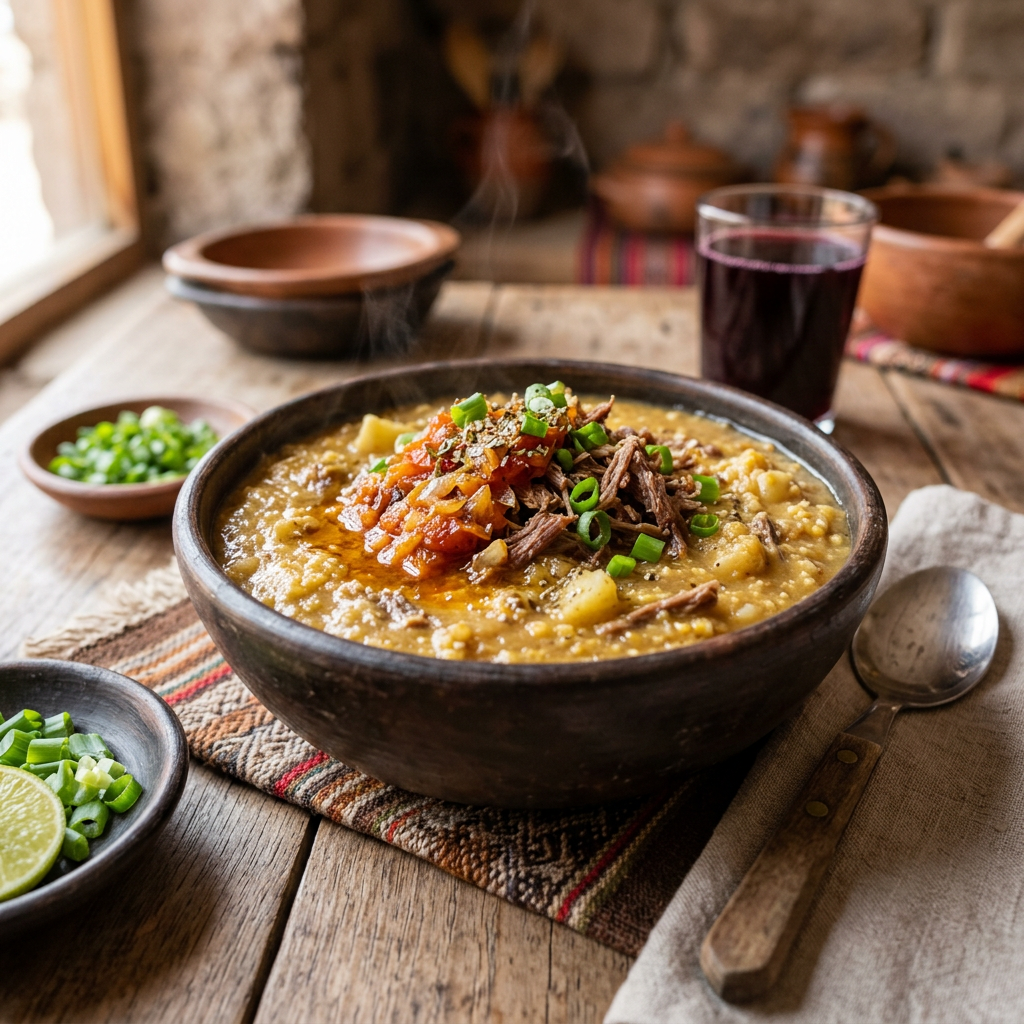 Imagen actual: A bowl of thick soup with shredded meat, diced vegetables, and green onion garnish served on a rustic wooden table