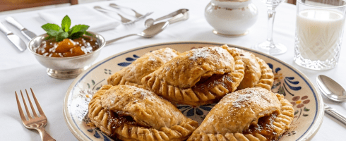 Plate with five sweet empanadas filled with jam dusted with sugar