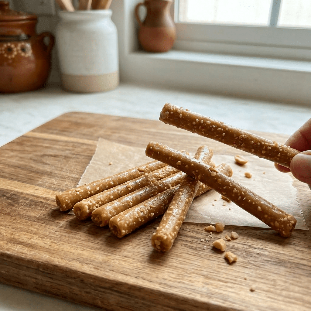 Imagen actual: Peanut and caramel cylindrical snack sticks with packaging labeled Chamuna's
