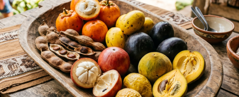 Assorted tropical fruits including persimmons, sapote, beach almonds, and other exotic varieties on a wooden tray