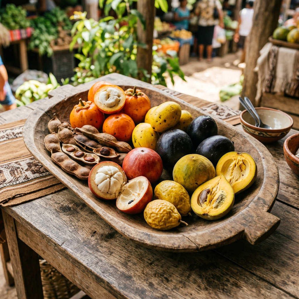 Imagen actual: Assorted tropical fruits including persimmons, sapote, beach almonds, and other exotic varieties on a wooden tray