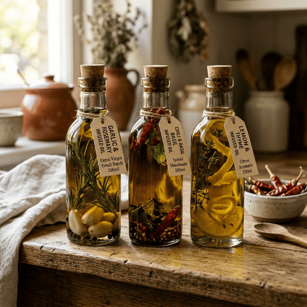 Imagen actual: Bottles of garlic rosemary, chili basil, and lemon thyme infused olive oils with cork stoppers