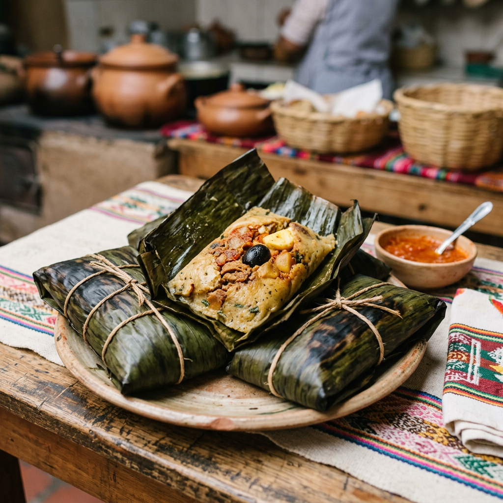 Imagen actual: Tamales wrapped in banana leaves on a plate with red salsa