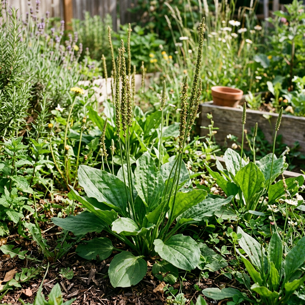 Imagen actual: Herb and plant garden bed with wide green leaves and tall flower spikes