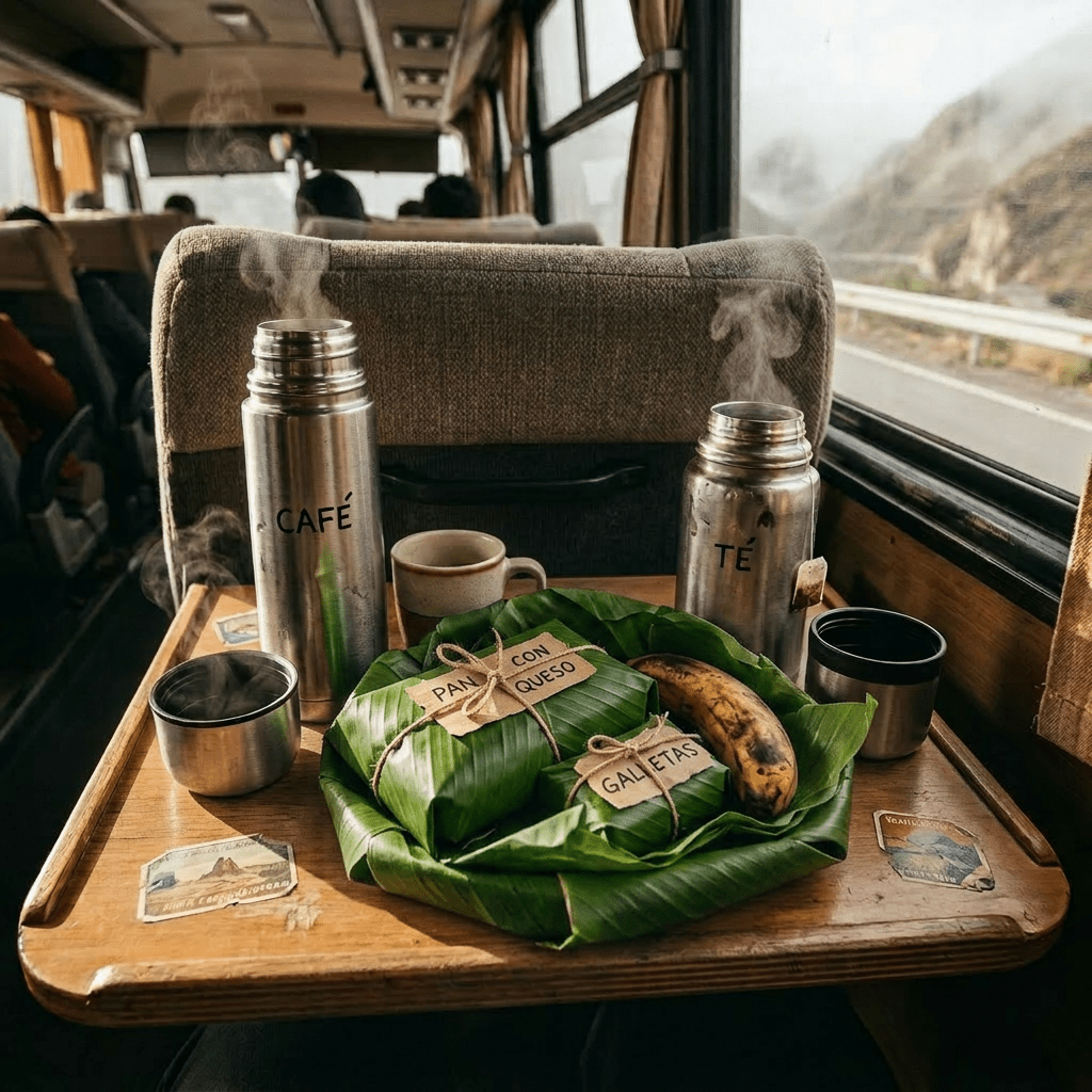 Imagen actual: Thermoses labeled café and té with steaming cups, wrapped snacks and a banana on a striped cloth on a bus tray table