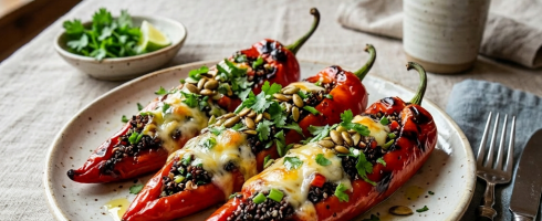 Three grilled red peppers stuffed with quinoa, pumpkin seeds, herbs, and cheese on a ceramic plate