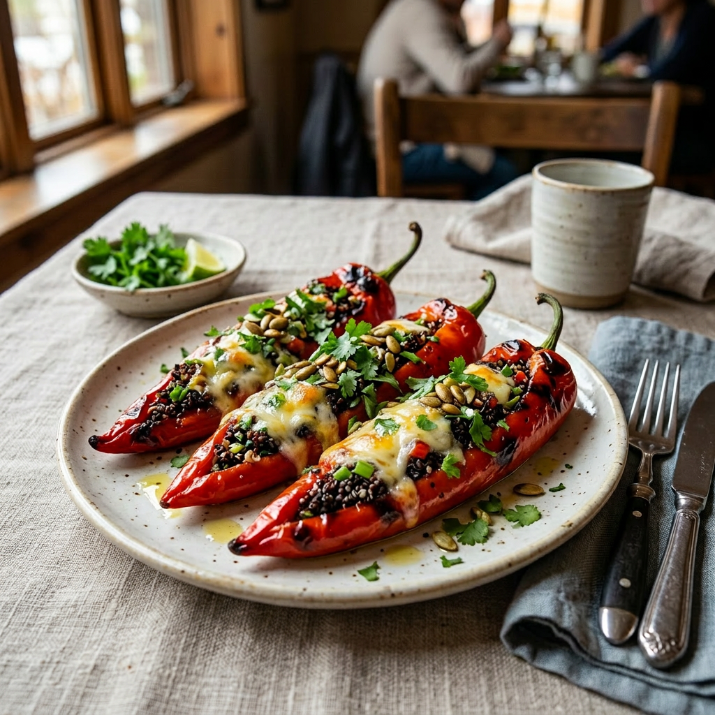 Imagen actual: Three grilled red peppers stuffed with quinoa, pumpkin seeds, herbs, and cheese on a ceramic plate