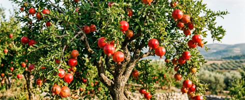 Pomegranate tree with numerous ripe red fruits hanging from branches