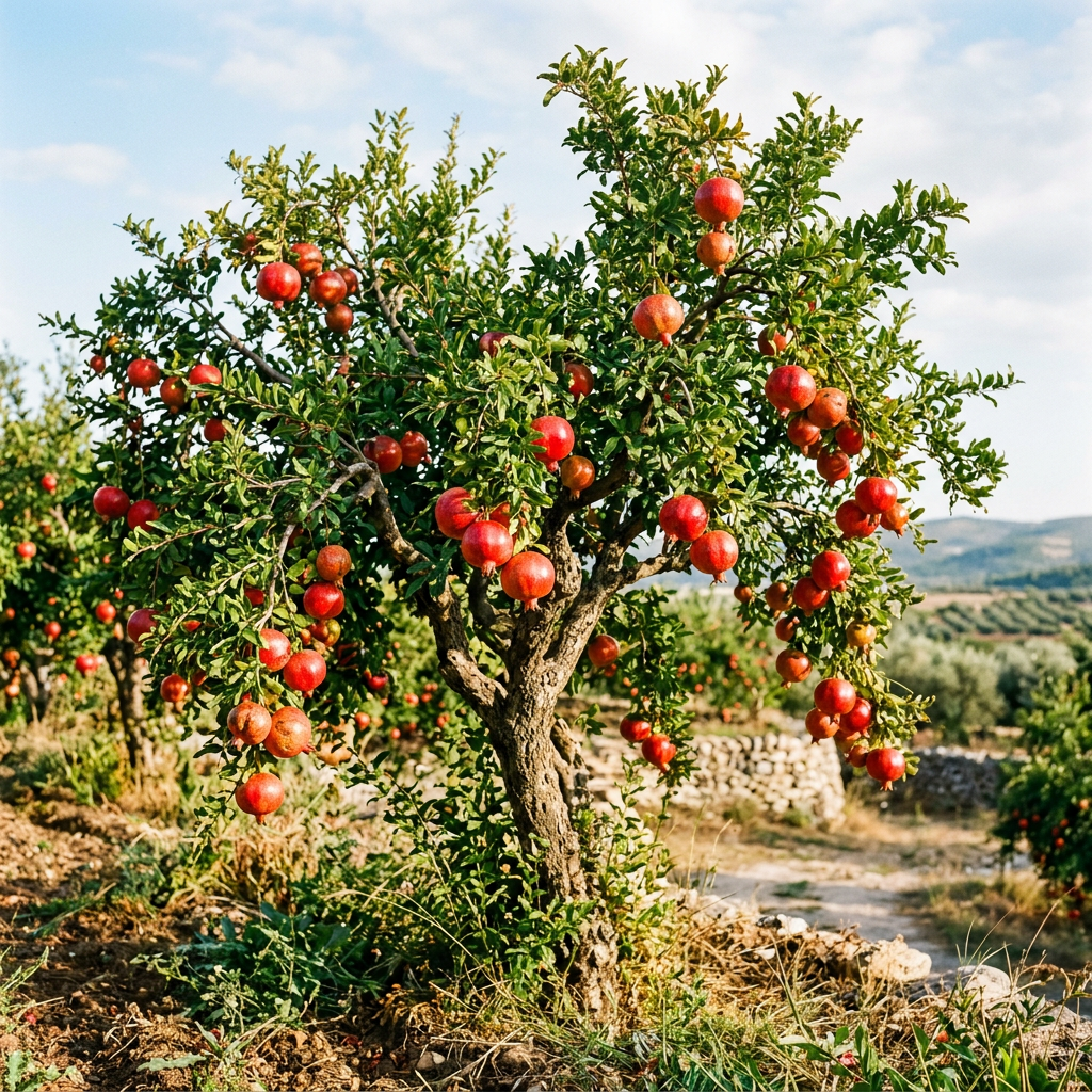 Imagen actual: Pomegranate tree with numerous ripe red fruits hanging from branches
