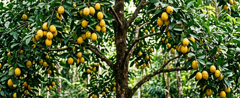 Tropical tree with dense green leaves and clusters of ripe yellow fruits