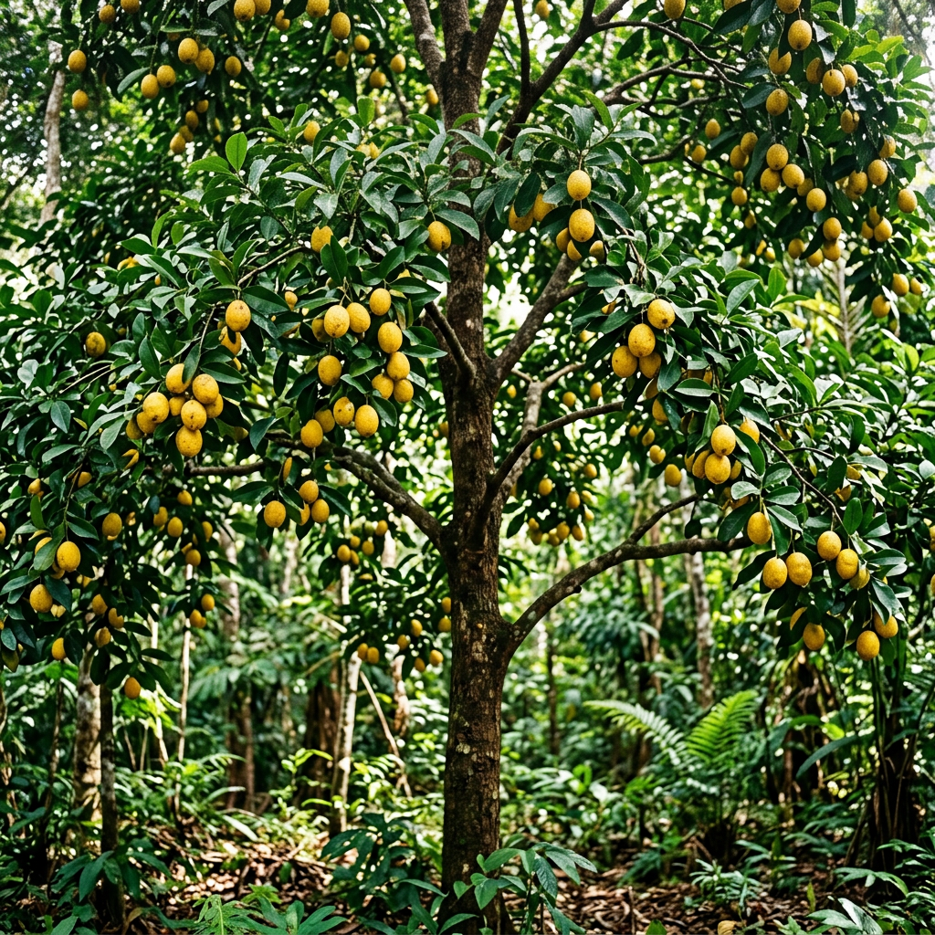 Imagen actual: Tropical tree with dense green leaves and clusters of ripe yellow fruits