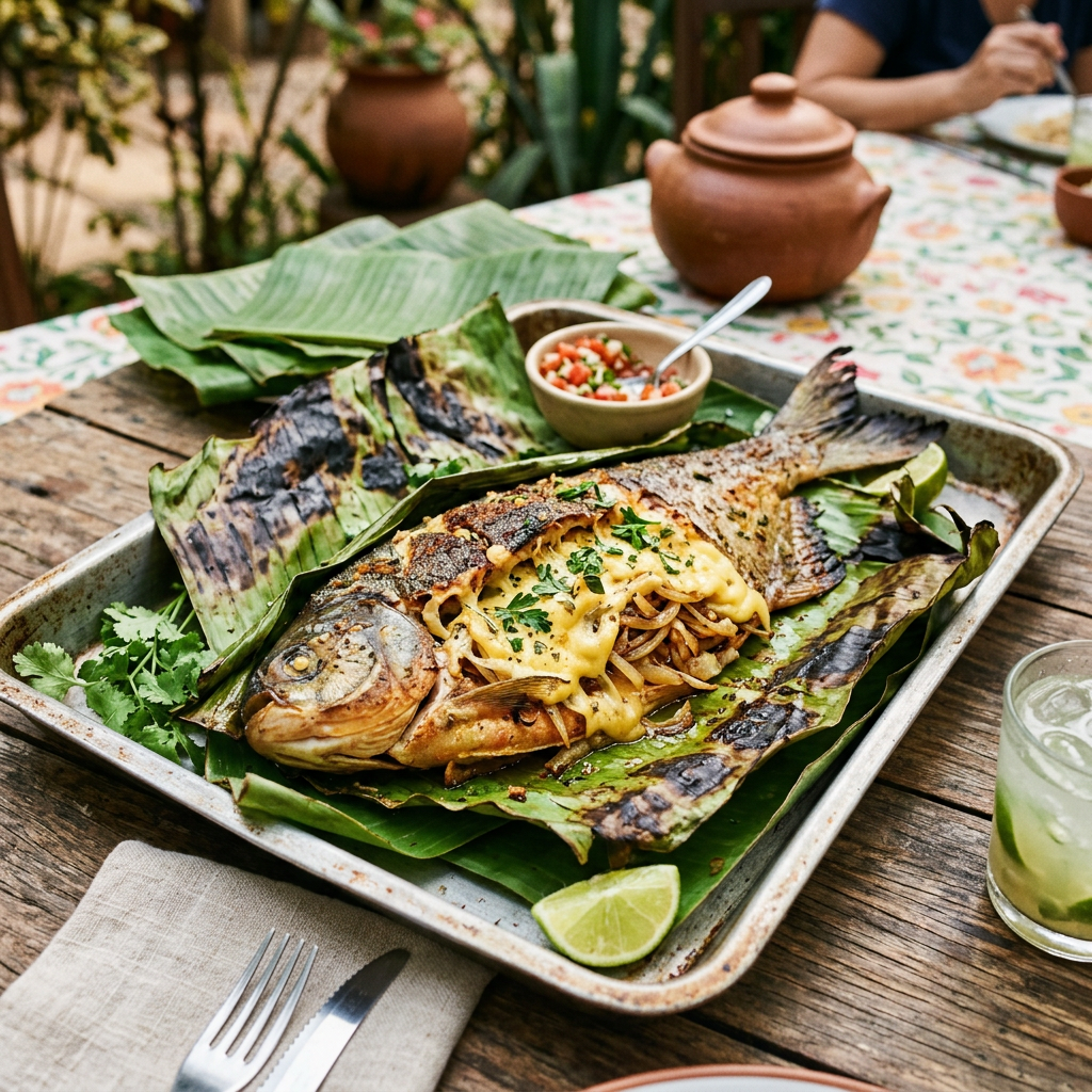 Imagen actual: Grilled whole fish stuffed with vegetables on banana leaves with lime wedge and salsa on a tray