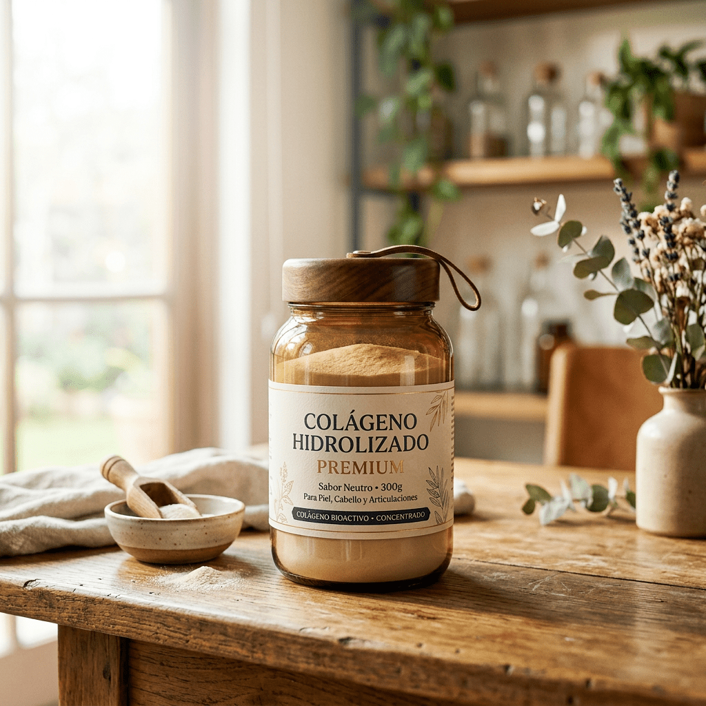 Imagen actual: Jar of premium hydrolyzed collagen powder with label and a wooden lid on a table