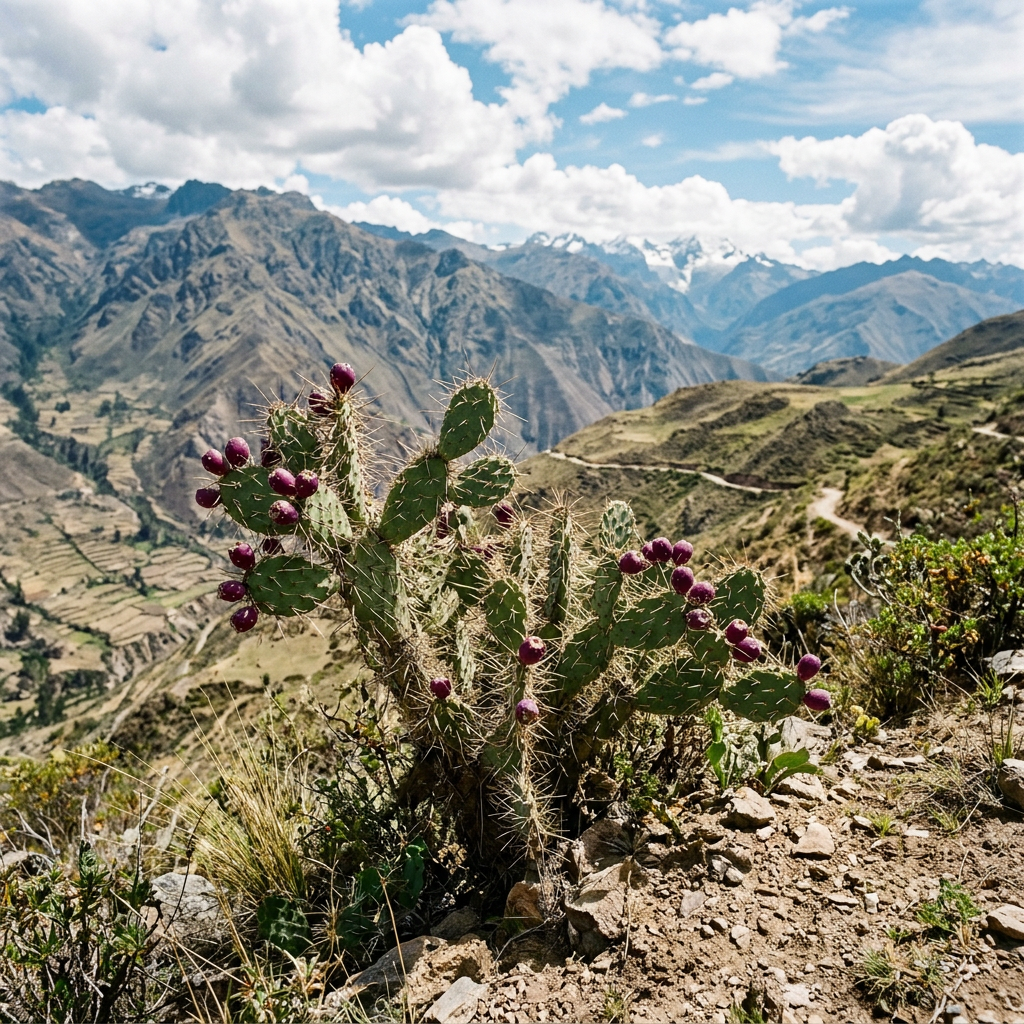 Imagen actual: Prickly pear cactus with purple fruits in rocky mountain terrain
