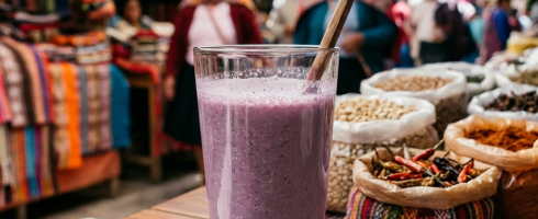 Glass of purple Thakho drink with wooden spoon on cloth at market stall