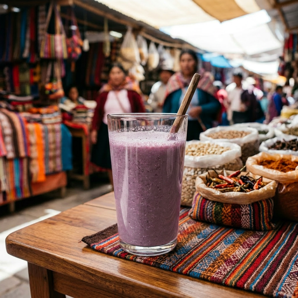 Imagen actual: Glass of purple Thakho drink with wooden spoon on cloth at market stall