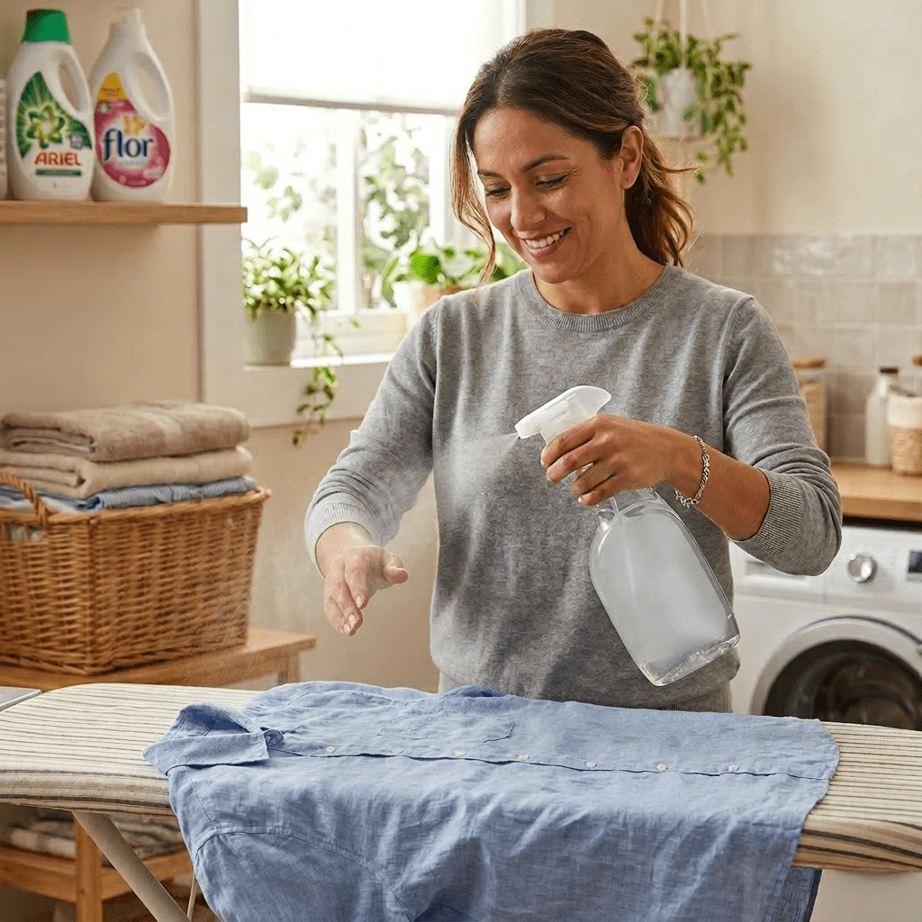 Imagen actual: Woman ironing a blue button-up shirt while spraying wrinkle release spray