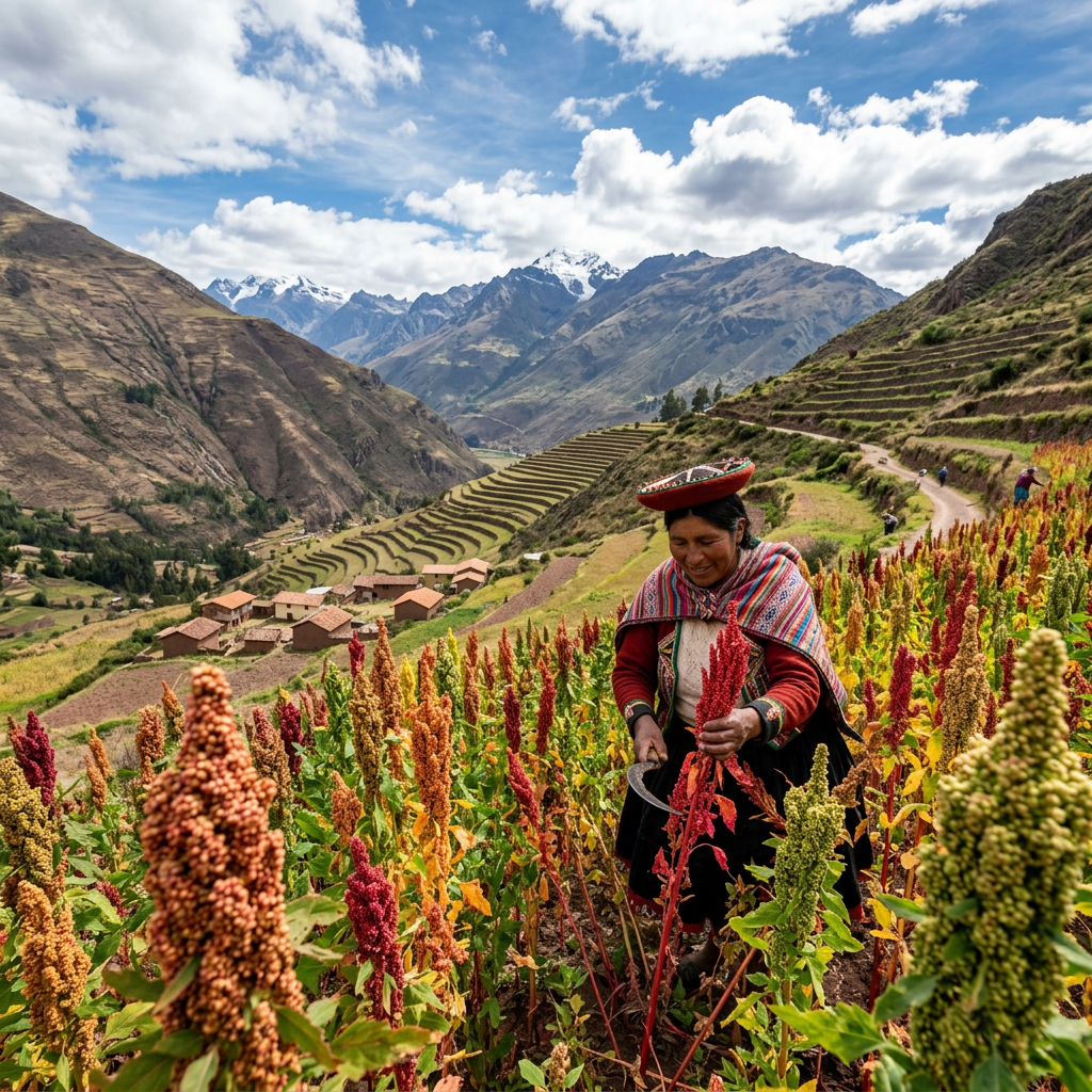 Imagen actual: Woman harvesting quinoa plants in terraced fields with mountains in the background