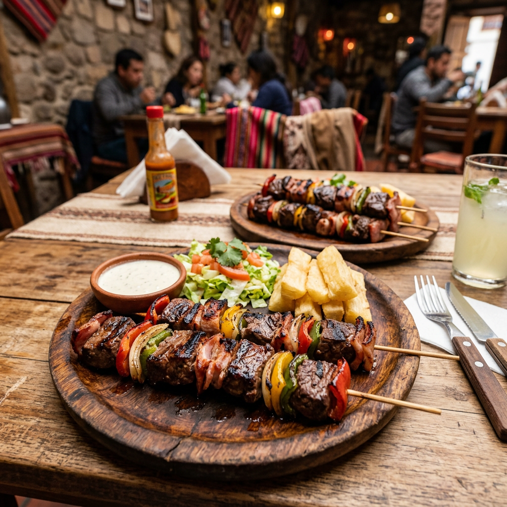 Imagen actual: Grilled meat and vegetable skewers with salad, fries, dipping sauce, and a drink on wooden plates