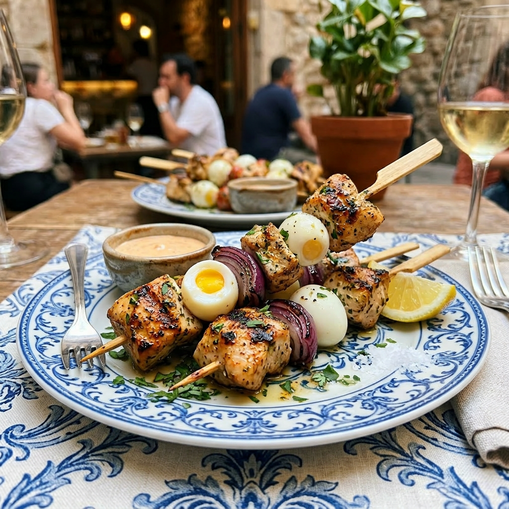 Imagen actual: Grilled chicken skewers with quail eggs and cherry tomatoes on a plate with sauce and lemon wedge