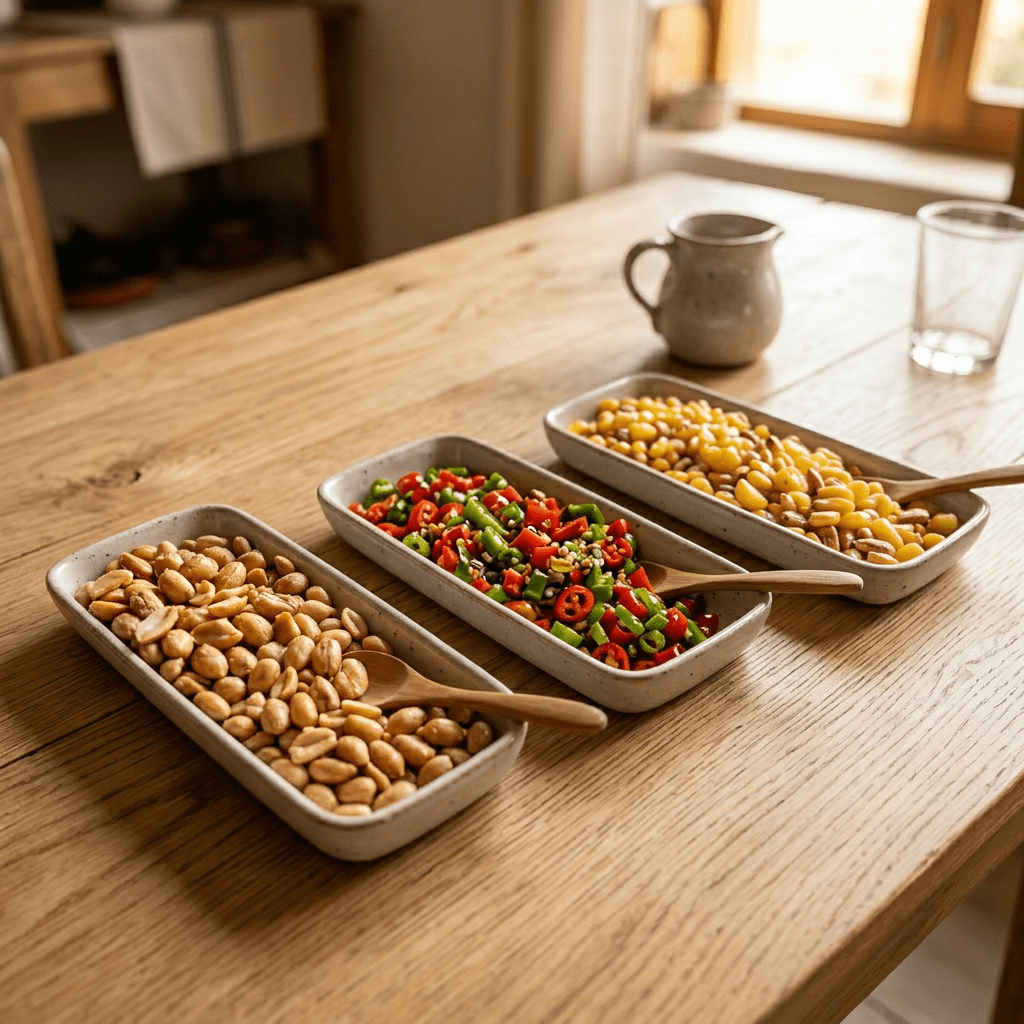 Imagen actual: Three ceramic bowls containing peanuts, chopped chili peppers, and corn snacks with wooden spoons inside