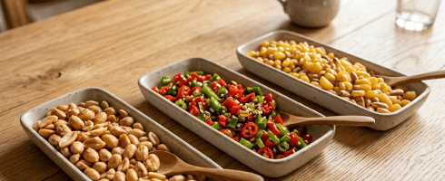 Three ceramic bowls containing peanuts, chopped chili peppers, and corn snacks with wooden spoons inside