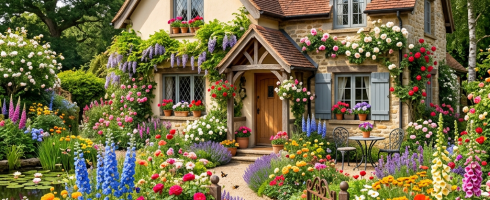 English cottage with a lush garden full of colorful flowers and a stone pathway