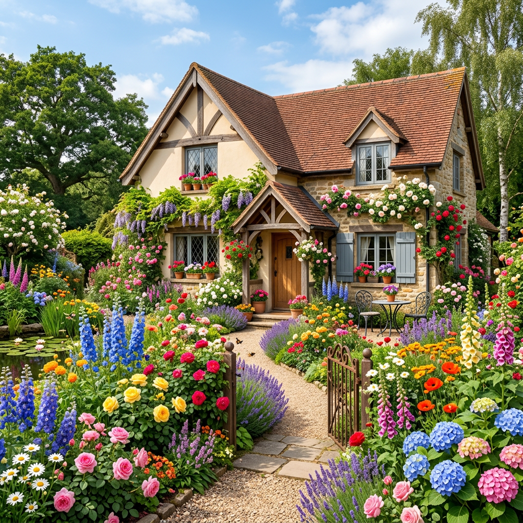 Imagen actual: English cottage with a lush garden full of colorful flowers and a stone pathway