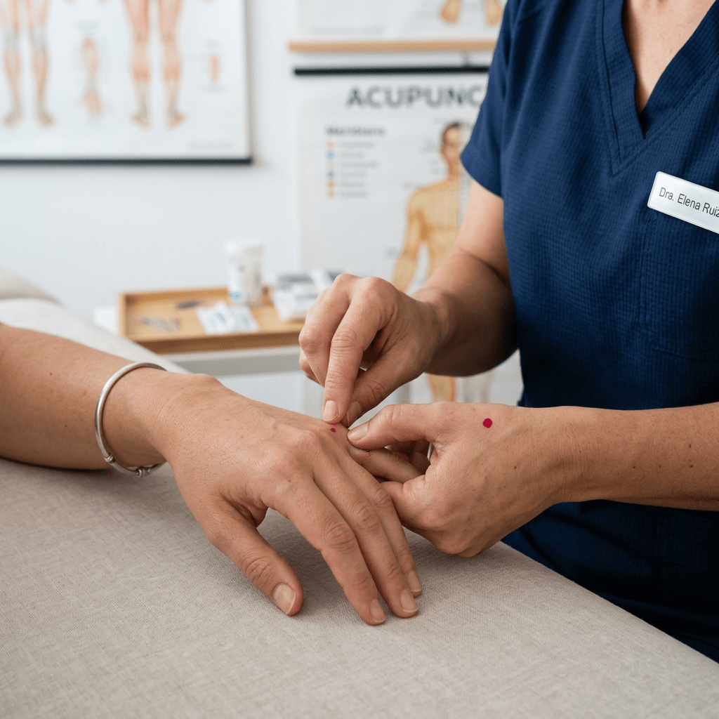 Imagen actual: Practitioner marking acupuncture points on patient's hand with red dots