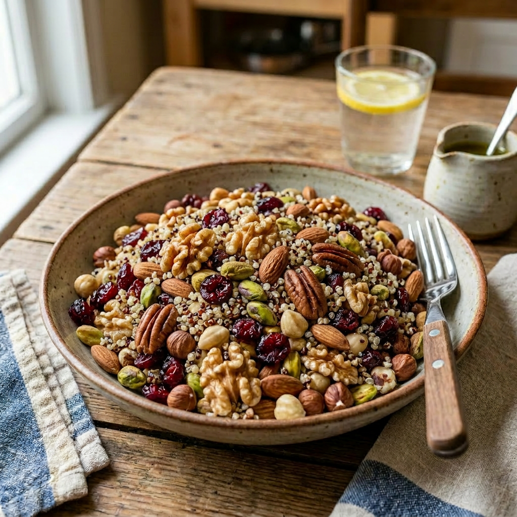 Imagen actual: Quinoa salad with cherry tomatoes, cucumbers, nuts, dried cranberries, and herbs