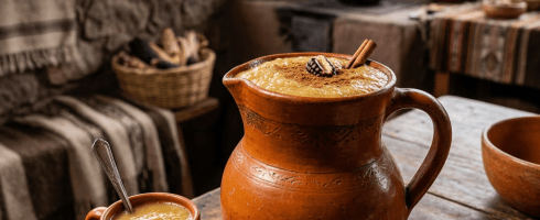 Large clay pitcher and cup filled with spiced corn drink, cinnamon stick and corn kernel on top