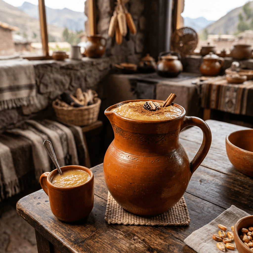 Imagen actual: Large clay pitcher and cup filled with spiced corn drink, cinnamon stick and corn kernel on top