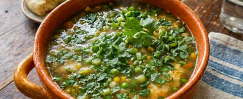 Bowl of vegetable soup with poached egg, potatoes, corn, and cilantro