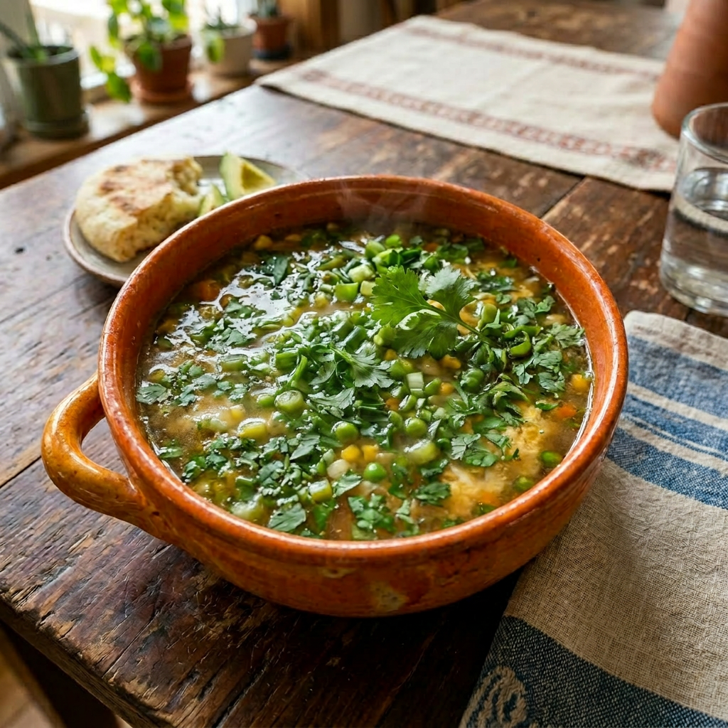 Imagen actual: Bowl of vegetable soup with poached egg, potatoes, corn, and cilantro