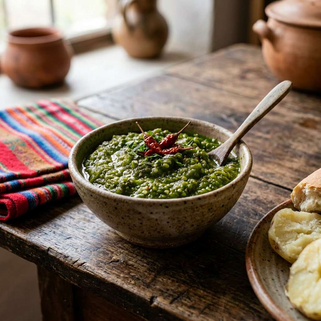Imagen actual: Bowl of lentil stew with dried chili peppers and herbs on wooden table