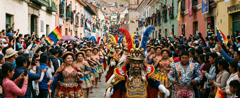 Parade with dancers in colorful traditional costumes and spectators on street