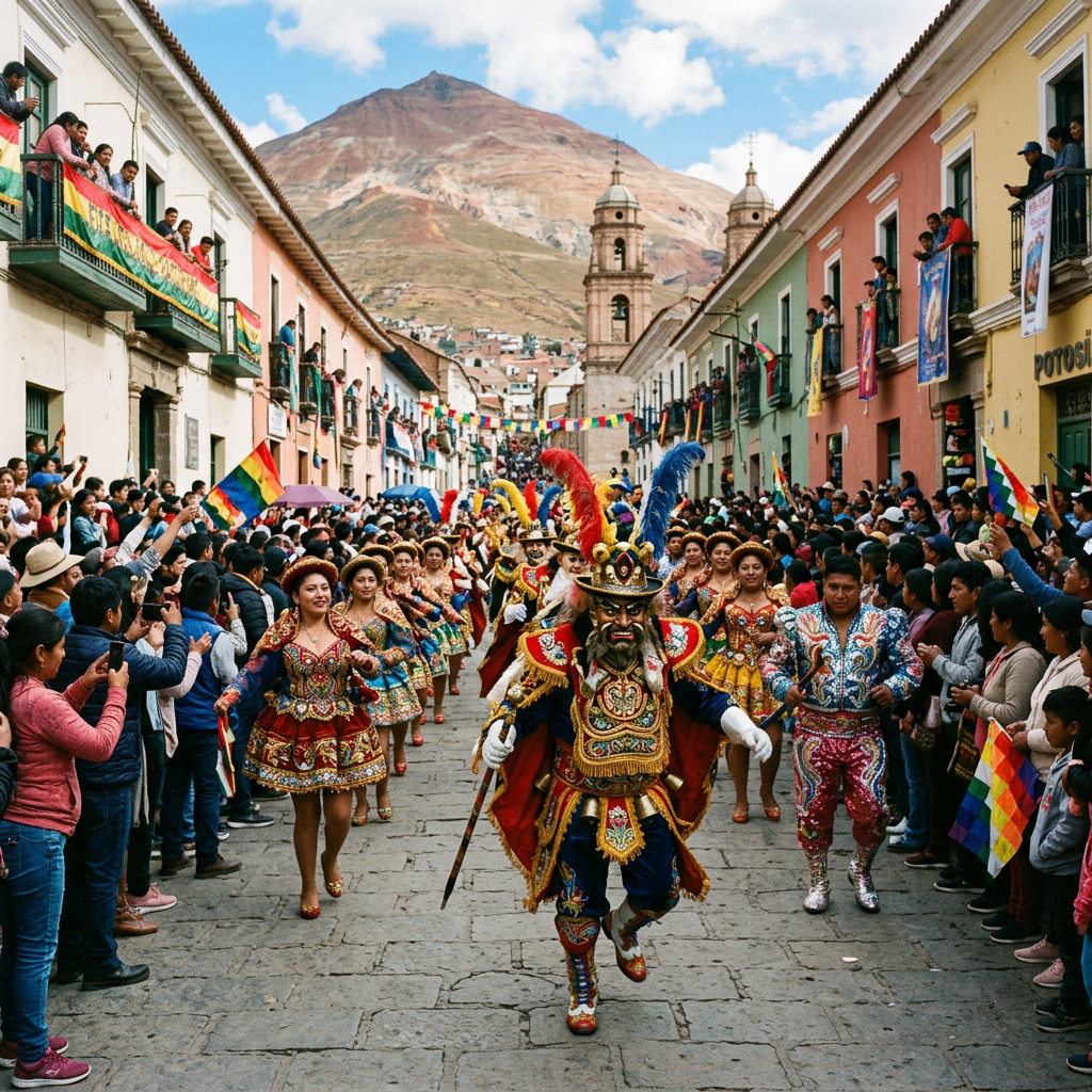 Imagen actual: Parade with dancers in colorful traditional costumes and spectators on street