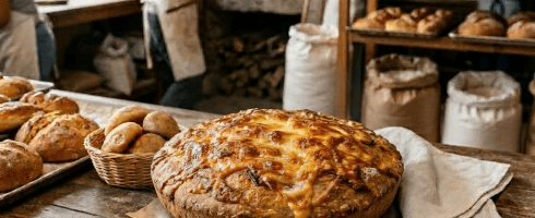 Large crescent-shaped loaf of bread on wooden table in bakery with bakers and bread oven in background