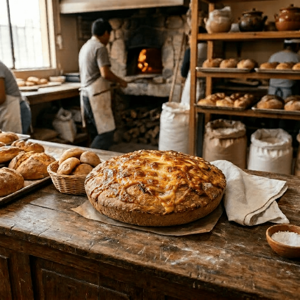 Imagen actual: Large crescent-shaped loaf of bread on wooden table in bakery with bakers and bread oven in background