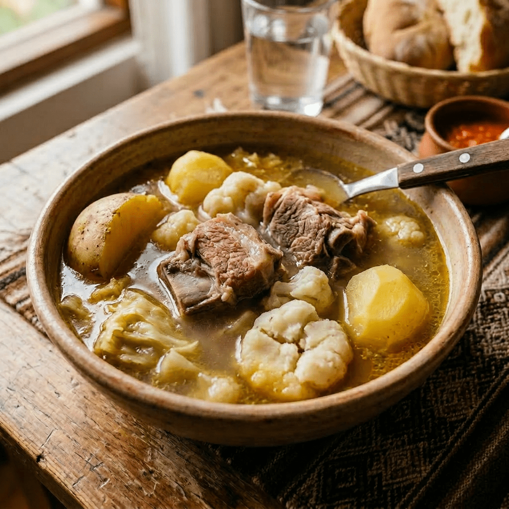 Imagen actual: Bowl of meat and vegetable stew with potatoes, carrots, and herbs