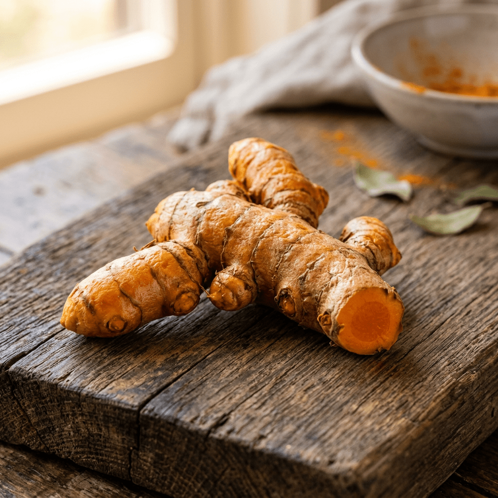 Imagen actual: Close-up of fresh turmeric root on a rustic wooden board