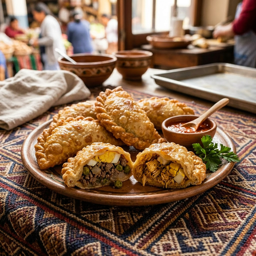 Imagen actual: Plate of baked empanadas with beef and chicken fillings and a small bowl of red sauce